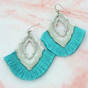 WILDFLOWER TURQUOISE FRINGED SILVER TONE MOROCCAN FAN EARRINGS